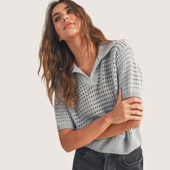 Anthropologie Tops - Blue Collared Crochet Knit Short Sleeve Banded Sweater